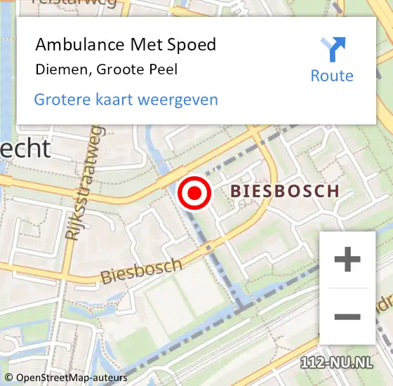 Locatie op kaart van de 112 melding: Ambulance Met Spoed Naar Diemen, Groote Peel op 24 oktober 2023 12:56