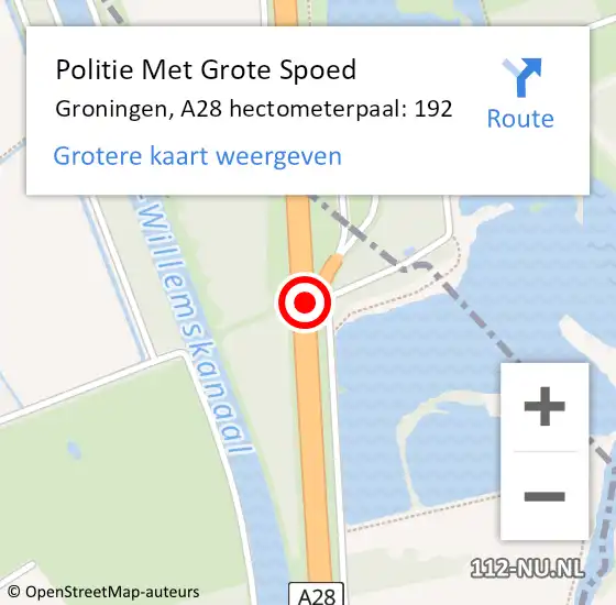 Locatie op kaart van de 112 melding: Politie Met Grote Spoed Naar Groningen, A28 hectometerpaal: 192 op 24 oktober 2023 13:33