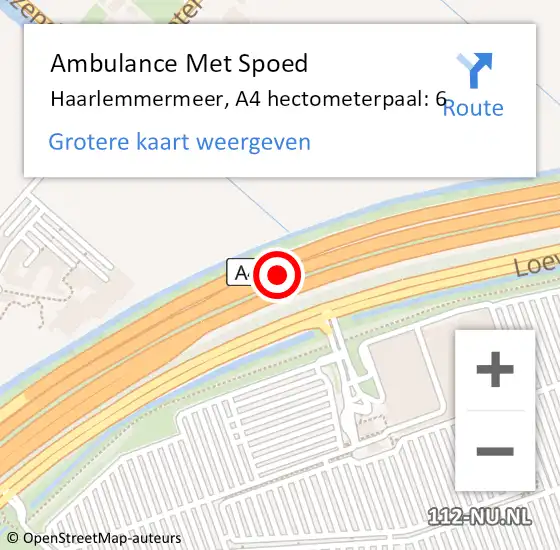 Locatie op kaart van de 112 melding: Ambulance Met Spoed Naar Haarlemmermeer, A4 hectometerpaal: 6 op 24 oktober 2023 15:34