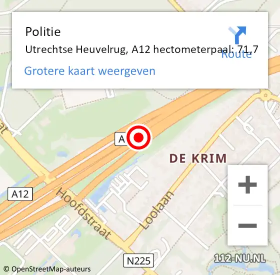 Locatie op kaart van de 112 melding: Politie Utrechtse Heuvelrug, A12 hectometerpaal: 71,7 op 24 oktober 2023 15:41
