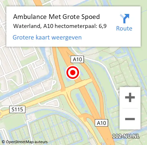 Locatie op kaart van de 112 melding: Ambulance Met Grote Spoed Naar Waterland, A10 hectometerpaal: 6,9 op 24 oktober 2023 15:57