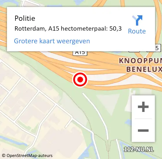 Locatie op kaart van de 112 melding: Politie Rotterdam, A15 hectometerpaal: 50,3 op 24 oktober 2023 17:05