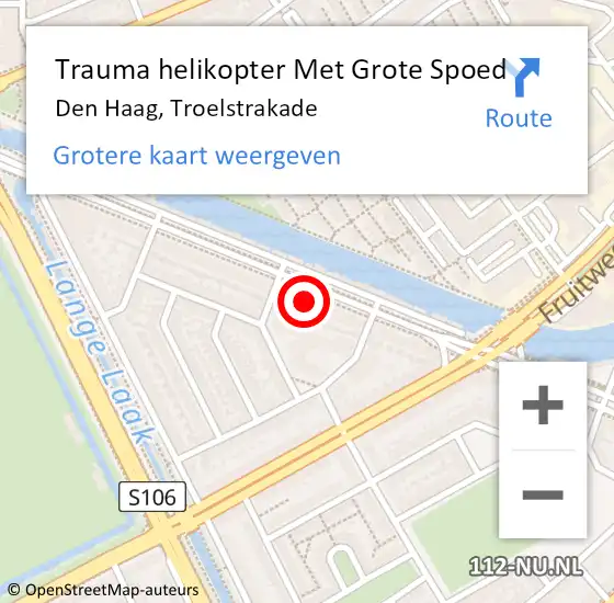 Locatie op kaart van de 112 melding: Trauma helikopter Met Grote Spoed Naar Den Haag, Troelstrakade op 24 oktober 2023 18:29