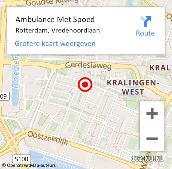 Locatie op kaart van de 112 melding: Ambulance Met Spoed Naar Rotterdam, Vredenoordlaan op 24 oktober 2023 19:07