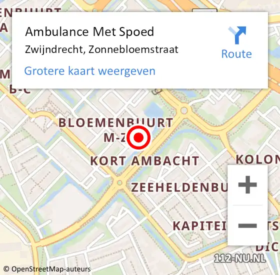 Locatie op kaart van de 112 melding: Ambulance Met Spoed Naar Zwijndrecht, Zonnebloemstraat op 24 oktober 2023 23:24