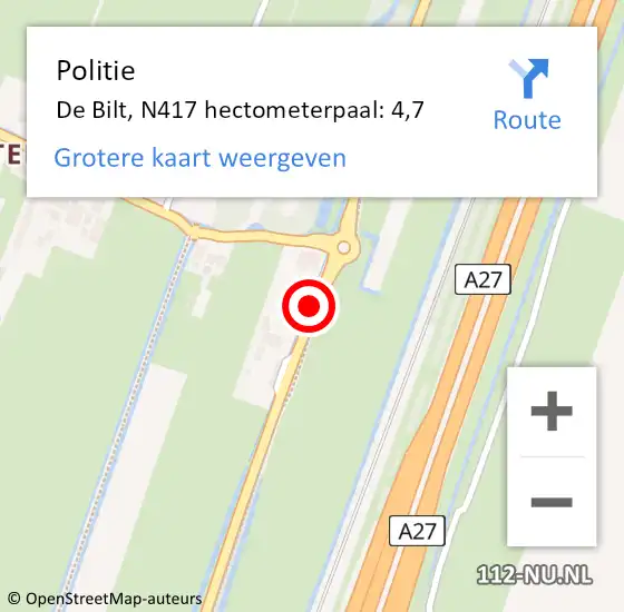 Locatie op kaart van de 112 melding: Politie De Bilt, N417 hectometerpaal: 4,7 op 25 oktober 2023 07:44