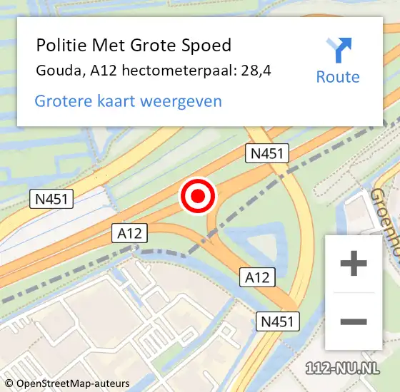 Locatie op kaart van de 112 melding: Politie Met Grote Spoed Naar Gouda, A12 hectometerpaal: 28,4 op 25 oktober 2023 08:11