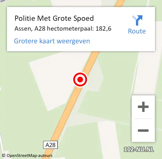 Locatie op kaart van de 112 melding: Politie Met Grote Spoed Naar Assen, A28 hectometerpaal: 182,6 op 25 oktober 2023 08:52