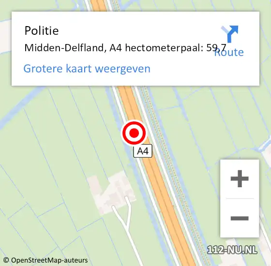 Locatie op kaart van de 112 melding: Politie Midden-Delfland, A4 hectometerpaal: 59,7 op 25 oktober 2023 09:20