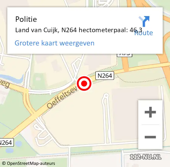 Locatie op kaart van de 112 melding: Politie Land van Cuijk, N264 hectometerpaal: 46,3 op 25 oktober 2023 13:28