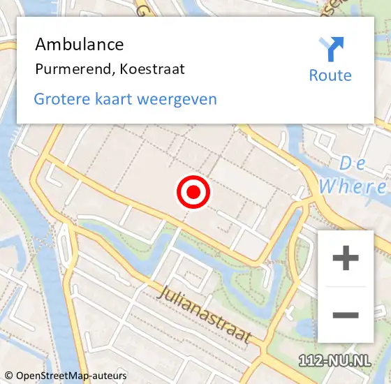 Locatie op kaart van de 112 melding: Ambulance Purmerend, Koestraat op 25 oktober 2023 13:52