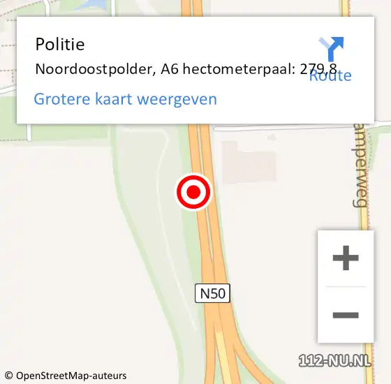 Locatie op kaart van de 112 melding: Politie Noordoostpolder, A6 hectometerpaal: 279,8 op 25 oktober 2023 14:18