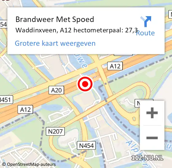 Locatie op kaart van de 112 melding: Brandweer Met Spoed Naar Waddinxveen, A12 hectometerpaal: 27,3 op 25 oktober 2023 14:36