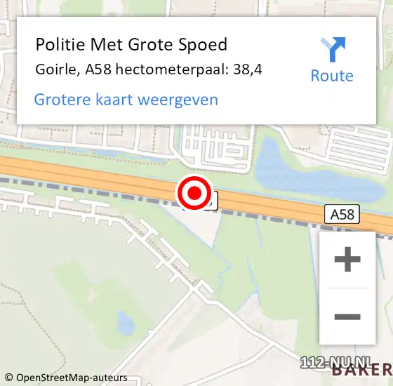 Locatie op kaart van de 112 melding: Politie Met Grote Spoed Naar Goirle, A58 hectometerpaal: 38,4 op 25 oktober 2023 16:12