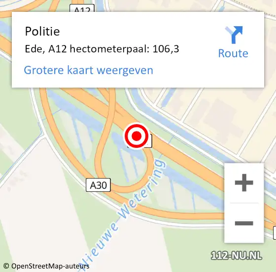 Locatie op kaart van de 112 melding: Politie Ede, A12 hectometerpaal: 106,3 op 25 oktober 2023 16:48