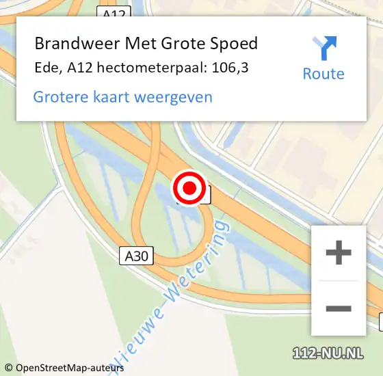 Locatie op kaart van de 112 melding: Brandweer Met Grote Spoed Naar Ede, A12 hectometerpaal: 106,3 op 25 oktober 2023 16:48