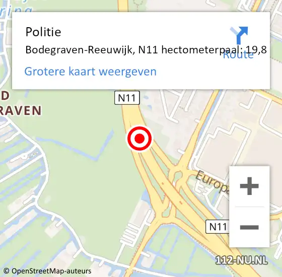 Locatie op kaart van de 112 melding: Politie Bodegraven-Reeuwijk, N11 hectometerpaal: 19,8 op 25 oktober 2023 17:18