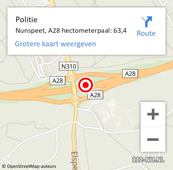 Locatie op kaart van de 112 melding: Politie Nunspeet, A28 hectometerpaal: 63,4 op 25 oktober 2023 19:59