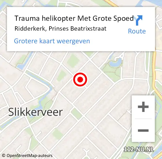 Locatie op kaart van de 112 melding: Trauma helikopter Met Grote Spoed Naar Ridderkerk, Prinses Beatrixstraat op 25 oktober 2023 20:21