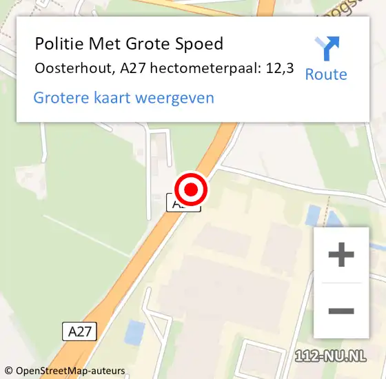 Locatie op kaart van de 112 melding: Politie Met Grote Spoed Naar Oosterhout, A27 hectometerpaal: 12,3 op 25 oktober 2023 20:45