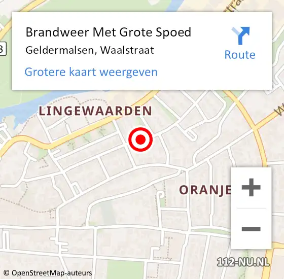 Locatie op kaart van de 112 melding: Brandweer Met Grote Spoed Naar Geldermalsen, Waalstraat op 25 oktober 2023 21:29