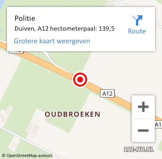 Locatie op kaart van de 112 melding: Politie Duiven, A12 hectometerpaal: 139,5 op 25 oktober 2023 22:50