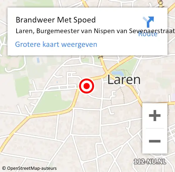 Locatie op kaart van de 112 melding: Brandweer Met Spoed Naar Laren, Burgemeester van Nispen van Sevenaerstraat op 25 oktober 2023 22:56