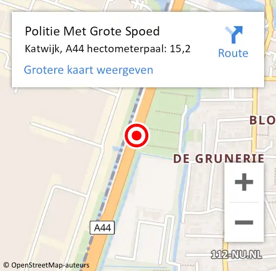 Locatie op kaart van de 112 melding: Politie Met Grote Spoed Naar Katwijk, A44 hectometerpaal: 15,2 op 25 oktober 2023 23:25