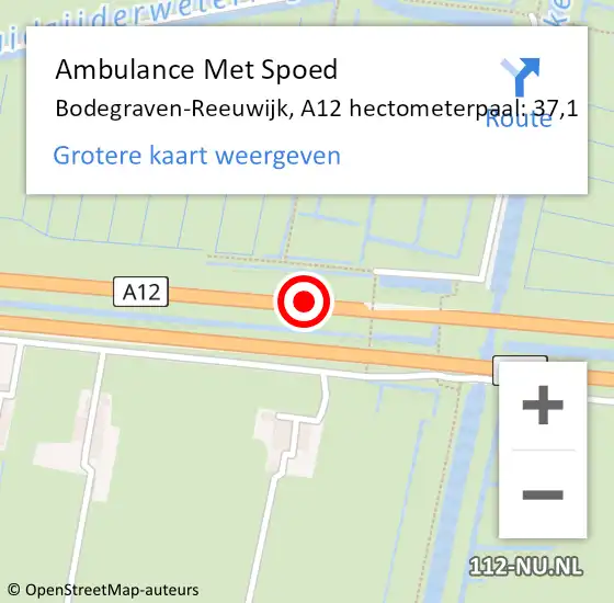 Locatie op kaart van de 112 melding: Ambulance Met Spoed Naar Bodegraven-Reeuwijk, A12 hectometerpaal: 37,1 op 25 oktober 2023 23:58