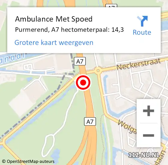 Locatie op kaart van de 112 melding: Ambulance Met Spoed Naar Purmerend, A7 hectometerpaal: 14,3 op 26 oktober 2023 01:22