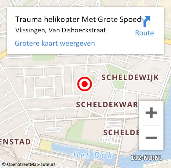 Locatie op kaart van de 112 melding: Trauma helikopter Met Grote Spoed Naar Vlissingen, Van Dishoeckstraat op 26 oktober 2023 05:59