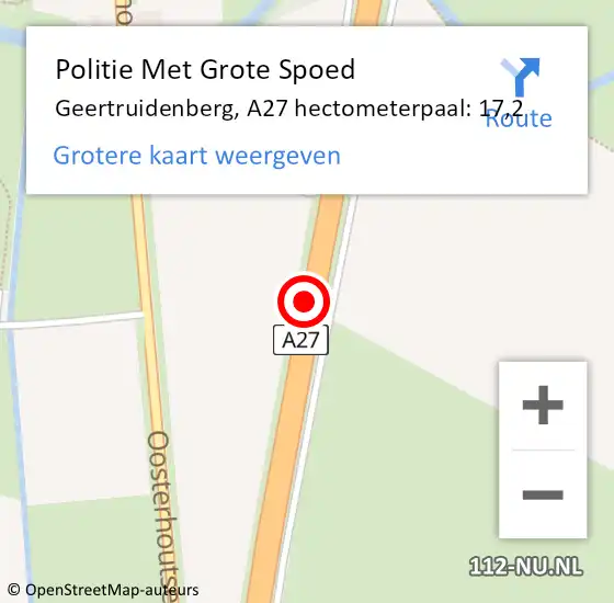 Locatie op kaart van de 112 melding: Politie Met Grote Spoed Naar Geertruidenberg, A27 hectometerpaal: 17,2 op 26 oktober 2023 07:40