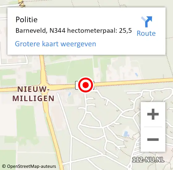 Locatie op kaart van de 112 melding: Politie Barneveld, N344 hectometerpaal: 25,5 op 26 oktober 2023 08:41
