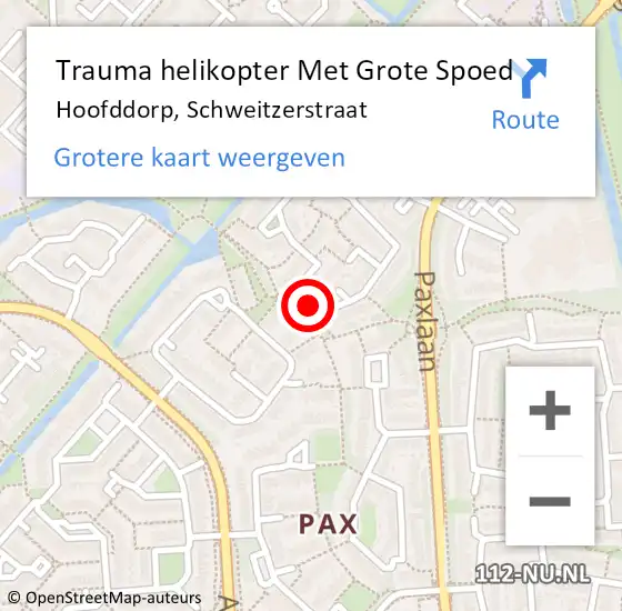 Locatie op kaart van de 112 melding: Trauma helikopter Met Grote Spoed Naar Hoofddorp, Schweitzerstraat op 26 oktober 2023 08:49