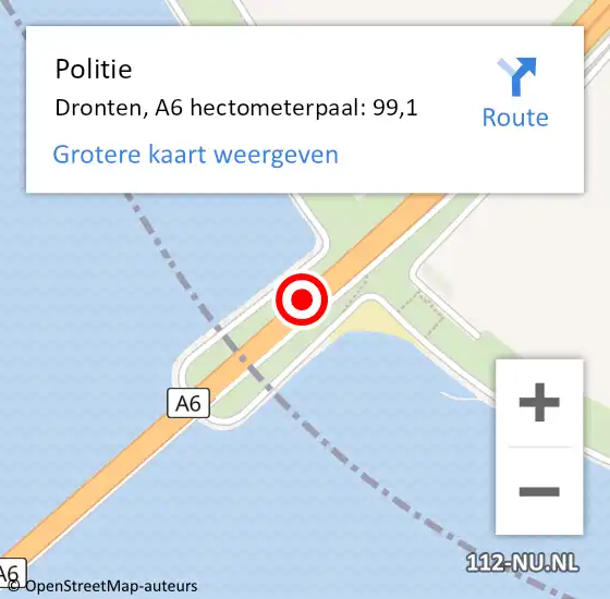 Locatie op kaart van de 112 melding: Politie Dronten, A6 hectometerpaal: 99,1 op 26 oktober 2023 12:04