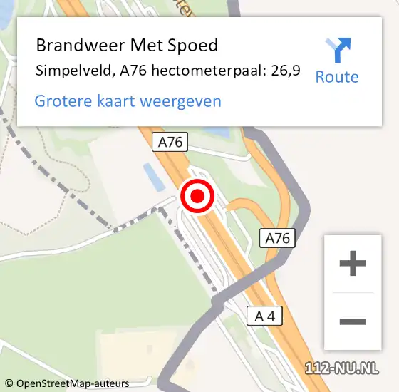 Locatie op kaart van de 112 melding: Brandweer Met Spoed Naar Simpelveld, A76 hectometerpaal: 26,9 op 26 oktober 2023 13:06
