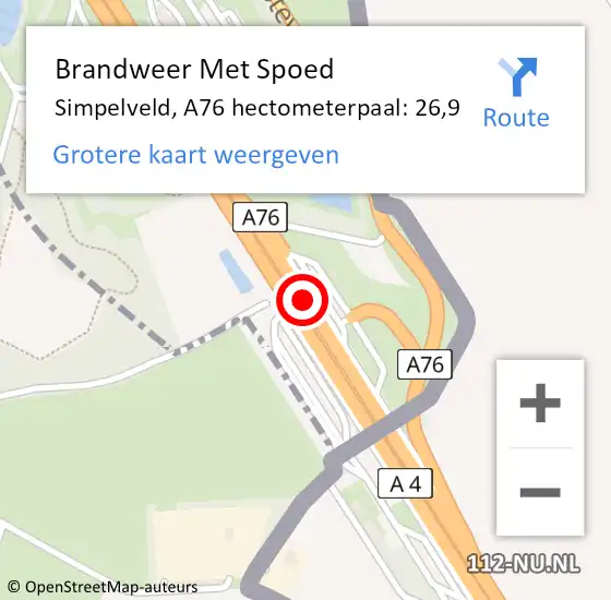 Locatie op kaart van de 112 melding: Brandweer Met Spoed Naar Simpelveld, A76 hectometerpaal: 26,9 op 26 oktober 2023 13:08