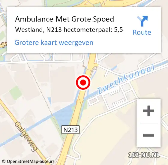 Locatie op kaart van de 112 melding: Ambulance Met Grote Spoed Naar Westland, N213 hectometerpaal: 5,5 op 26 oktober 2023 15:13