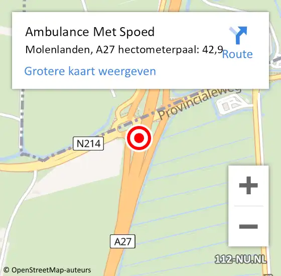 Locatie op kaart van de 112 melding: Ambulance Met Spoed Naar Molenlanden, A27 hectometerpaal: 42,9 op 26 oktober 2023 15:45
