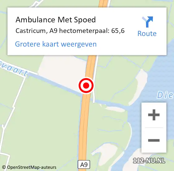 Locatie op kaart van de 112 melding: Ambulance Met Spoed Naar Castricum, A9 hectometerpaal: 65,6 op 26 oktober 2023 16:56