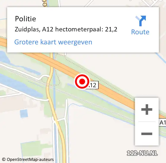 Locatie op kaart van de 112 melding: Politie Zuidplas, A12 hectometerpaal: 21,2 op 26 oktober 2023 18:04