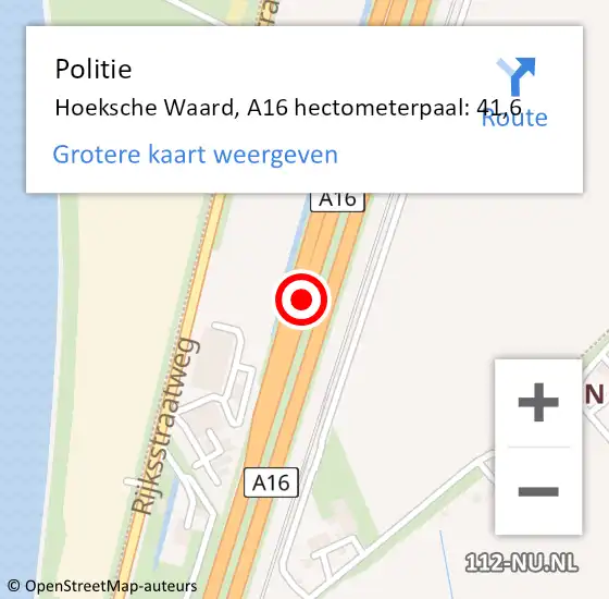 Locatie op kaart van de 112 melding: Politie Hoeksche Waard, A16 hectometerpaal: 41,6 op 26 oktober 2023 18:27