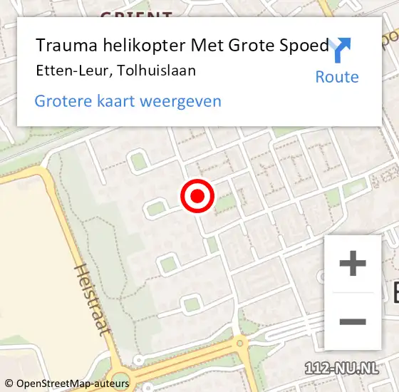 Locatie op kaart van de 112 melding: Trauma helikopter Met Grote Spoed Naar Etten-Leur, Tolhuislaan op 26 oktober 2023 21:05