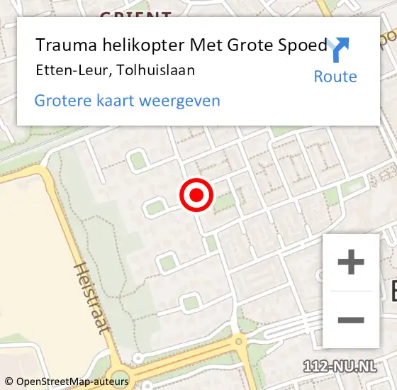 Locatie op kaart van de 112 melding: Trauma helikopter Met Grote Spoed Naar Etten-Leur, Tolhuislaan op 26 oktober 2023 21:06