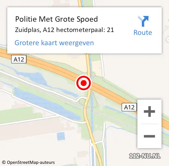 Locatie op kaart van de 112 melding: Politie Met Grote Spoed Naar Zuidplas, A12 hectometerpaal: 21 op 26 oktober 2023 21:24