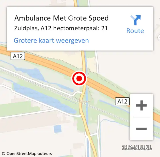 Locatie op kaart van de 112 melding: Ambulance Met Grote Spoed Naar Zuidplas, A12 hectometerpaal: 21 op 26 oktober 2023 21:24