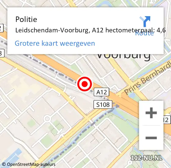 Locatie op kaart van de 112 melding: Politie Leidschendam-Voorburg, A12 hectometerpaal: 4,6 op 26 oktober 2023 22:09