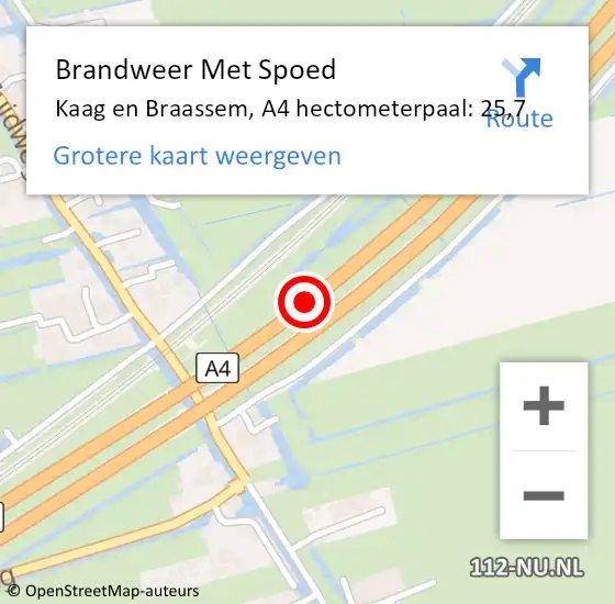 Locatie op kaart van de 112 melding: Brandweer Met Spoed Naar Kaag en Braassem, A4 hectometerpaal: 25,7 op 26 oktober 2023 22:36