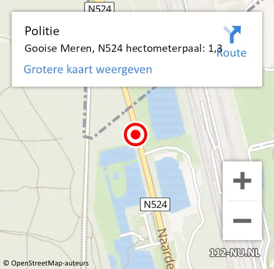 Locatie op kaart van de 112 melding: Politie Gooise Meren, N524 hectometerpaal: 1,3 op 27 oktober 2023 02:21