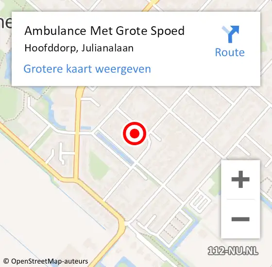 Locatie op kaart van de 112 melding: Ambulance Met Grote Spoed Naar Hoofddorp, Julianalaan op 27 oktober 2023 02:33